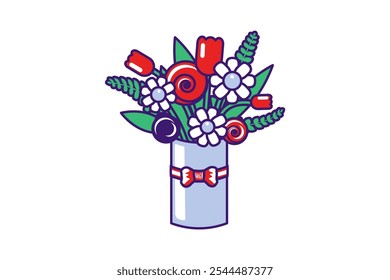 Ilustração gráfica vetorial de buquê de flores em uma paleta vibrante em estilo cartoon traçado. O bouquet está alojado dentro de uma caixa decorativa com um arco. Deliciosa mistura de flores e folhas verdes