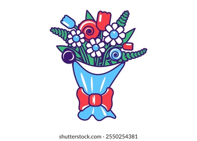 Vector graphic illustration of bouquet of flowers in a vibrant palette of red, blue, and green in cartoon style with a stroke. The bouquet is housed within a wrapping paper with a bow. Delightful mix