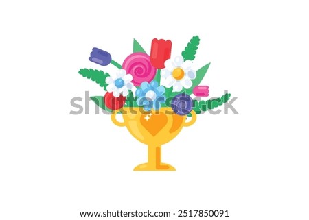 Vector graphic illustration of bouquet of flowers in a vibrant palette in solid cartoon style. The bouquet is housed within a golden cup. Delightful mix of flowers and green leaves