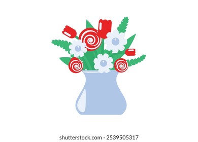 Vector graphic illustration of bouquet in a vase in vibrant solid cartoon style. Springtime or summertime decoration