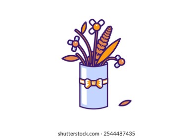 Ilustración gráfica de Vector de ramo de flores marchitas en un estilo de dibujos animados vibrante. El ramo se aloja dentro de un papel de regalo con un lazo dorado