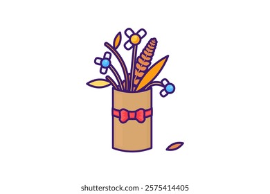 Vector graphic illustration of bouquet of wilted dried flowers in a vibrant stroked cartoon style. The bouquet is housed within a wrapping paper with a golden bow. Fleeting nature of beauty, sadness o