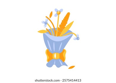 Vector graphic illustration of bouquet of wilted flowers in a vibrant solid cartoon style. The bouquet is housed within a wrapping paper with a golden bow. Fleeting nature of beauty, sadness or nostal