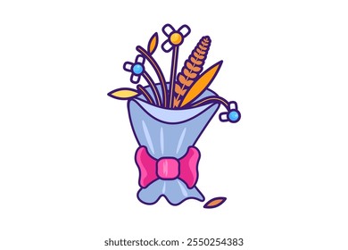 Ilustración gráfica de Vector de ramo de flores marchitas en un estilo de dibujos animados vibrante. El ramo se aloja dentro de un papel de regalo con un lazo dorado. La naturaleza fugaz de la belleza, la tristeza o la