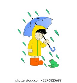 Vector graphic of illustration of a boy character with an umbrella in the rain This vector cartoon boy is perfect for wallpaper, mascot icon background and templates etc