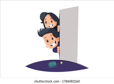 Vector graphic illustration. Boy and girl enjoying firecrackers behind the door. Individually on a white background.	