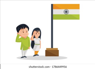 Vector graphic illustration. Boy and girl are giving a salute to the flag. Individually on a white background.	