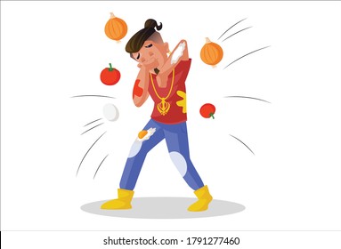 Vector graphic illustration. Boy is giving a bad performance on stage and people throwing vegetables on the boy. Individually on a white background.