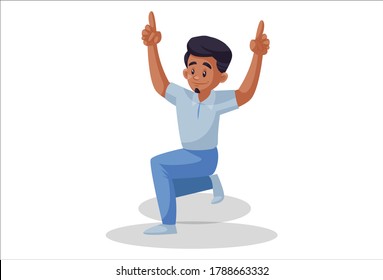 Vector graphic illustration. Boy is happy after taking wicket in a cricket match. Individually on white background.