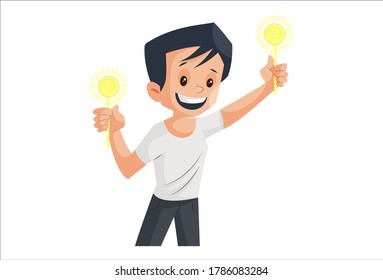 Vector graphic illustration. Boy is holding burn sparklers and celebrating Diwali. Individually on a white background.	