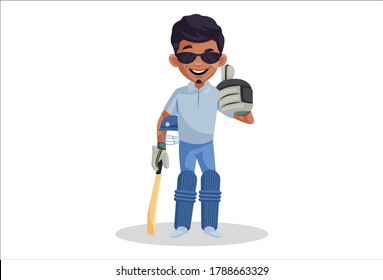 Vector graphic illustration. Boy is holding bat in hand and showing thumbs up sign. Individually on white background.