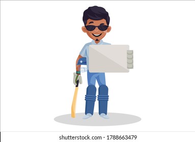 Vector Graphic Illustration. Boy Is Holding A Cricket Bat And Whiteboard In Hand. Individually On White Background.