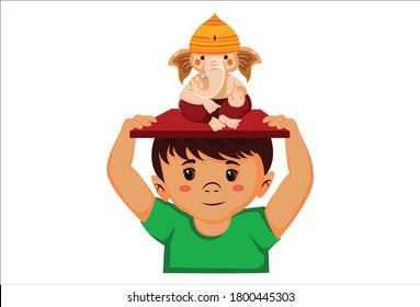 Vector graphic illustration. Boy is holding Lord Ganesh on his head. Individually on white background.