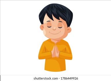 Vector graphic illustration. Boy is standing with greets hand. Individually on a white background.	