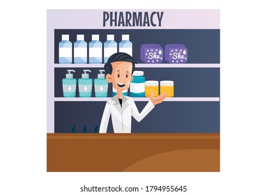 Vector graphic illustration. Boy is standing in a pharmacy medical shop. individually on a white background.