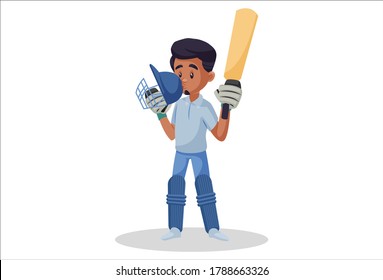 Vector graphic illustration. Boy is taking a kiss from the helmet after winning the match. Individually on a white background.