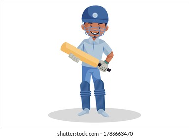 Vector Graphic Illustration Of A Boy Wearing A Helmet And Holding A Cricket Bat In Hand. Individually On White Background.