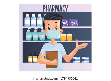 Vector graphic illustration. Boy is wearing mask and standing in a pharmacy shop. individually on a white background.