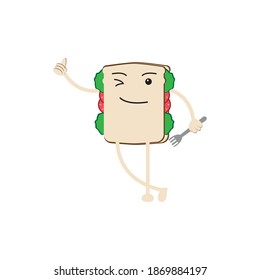 Vector graphic illustration of bread and vegetables holding a fork and thumb up. Good for food packaging, education banner, breakfast symbol, etc