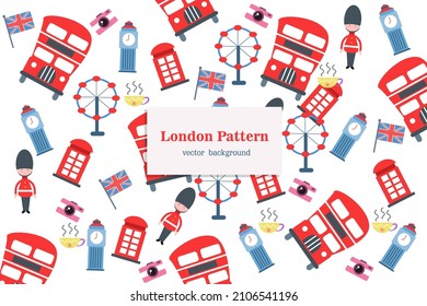 Vector graphic illustration of British symbols and london landmarks with seamless pattern