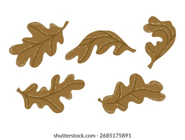 Ilustración gráfica de Vector de hojas de roble secas marrones aisladas en blanco, concepto estacional de otoño.