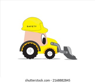 Vector graphic illustration of a bulldozer cartoon character at work wearing a safety helmet, suitable for children's educational learning media so they don't get bored