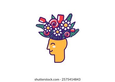 Vector graphic illustration of bunch of flowers blooming out from a head in stroked cartoon style. Happy and joyful state of mind. Delightful mix of flowers and green leaves. Psychology and mood icon.