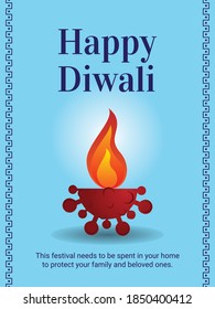 Vector Graphic Illustration of Burning Corona Virus in the flame of Oil Lantern Diya with Social message to prevent Coronavirus Disease COVID-19, On the occasion of Happy Diwali Deepavali Festival.