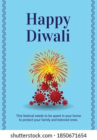 Vector Graphic Illustration of Burning Corona Virus Like a Fire Crackers, Atom Bomb, Flowerpot, with Social message to prevent Coronavirus Disease COVID-19, On the occasion of Happy Diwali Festival.