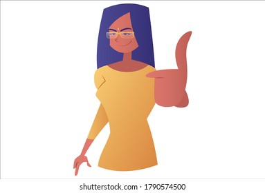 Vector graphic illustration. Business woman is showing thumbs up sign. Individually on white background.	