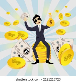 Vector graphic illustration of businessman cartoon character holding money bag and surrounded by gold and money. Suitable for making money content.