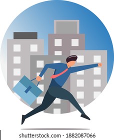 Vector graphic illustration of businessman. People, bag adn office building.