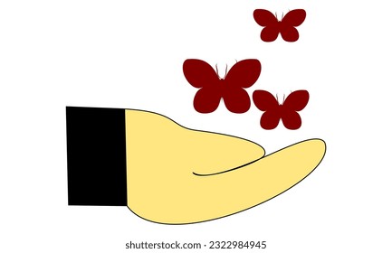 Vektorgrafik des Schmetterlings auf der Hand. schöner Schmetterling, der auf der Hand fliegt