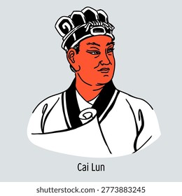 Vector graphic illustration of Cai Lun. A modern stylized portrait of the Han Dynasty official who revolutionized human civilization by inventing the papermaking process. Ideal for history and educational content