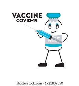 vector graphic illustration caracter of vaccine bottle and syring needle great for symbols, design, logo and others. there are colors blue, light green, black, white