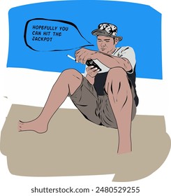 Vector graphic illustration of a cardboard man playing on a cellphone
