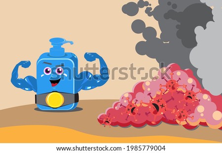 Vector graphic illustration of cartoon character hand sanitizer defeating cartoon corona virus, antiseptic kills corona virus, disinfectant knocks out the corona virus. perfect for health care content