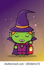 vector graphic illustration of cartoon vampire and lantern in the dark night