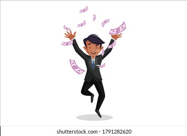 Vector graphic illustration. Casino boy is jumping and flying money in the air. Individually on a white background.	

