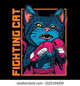 Vector graphic Illustration of cat boxer cartoon with vintage retro street boxing style in black backround. Good for logo, mascot, badge, emblem, banner, poster, flyer, social media, shirt