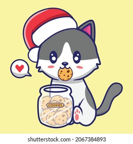 Vector graphic illustration of cat character eating cookies at christmas