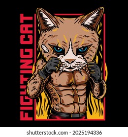 Vector graphic Illustration of cat fighter cartoon with vintage retro street martial art style in black background. Good for logo, mascot, badge, emblem, banner, poster, flyer, social media, shirt