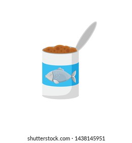 Vector graphic illustration. Cat food with the taste of fish. Open bank. Concept for pet store, pet food, advertising logo. Badge, symbol, emblem, label.