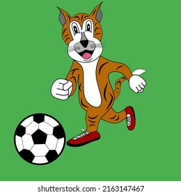 vector graphic illustration of a cat happy to play football, suitable for picture book stickers, posters, product advertisements, cartoon characters, balls and shoes, soccer,running, green backgrounds