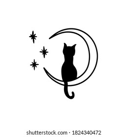 vector graphic illustration of cat sitting on the moon, silhouette flat design style