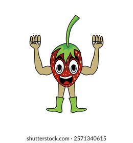 Vector graphic illustration of a cheerful cartoon strawberry character with human-like arms and legs, wearing green boots, Suitable for use in a fun or creative context.