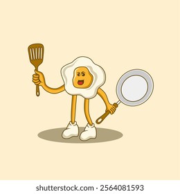 Vector graphic illustration of cheerful fried egg cartoon character with arms and legs, holding frying pan and spatula, depicting creativity, fun and breakfast related theme concept.