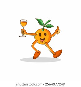 Vector graphic illustration of a cheerful orange fruit animated character holding a drink in a glass. Perfect for designs themed around the freshness of orange drinks, and a healthy lifestyle.