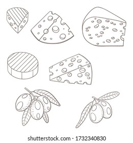 Vector graphic illustration with cheese and olives on a white background