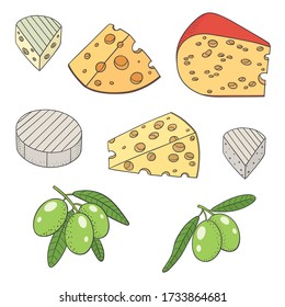 Vector graphic illustration with cheese and olives on a white background